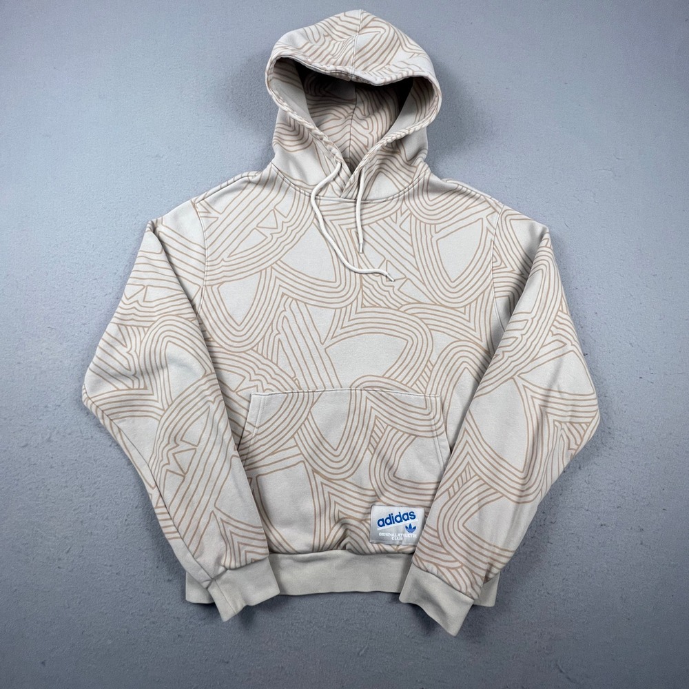 Adidas Hoodie Mens Medium Cream Tan Abstract Athletic Club Pullover Sweatshirt